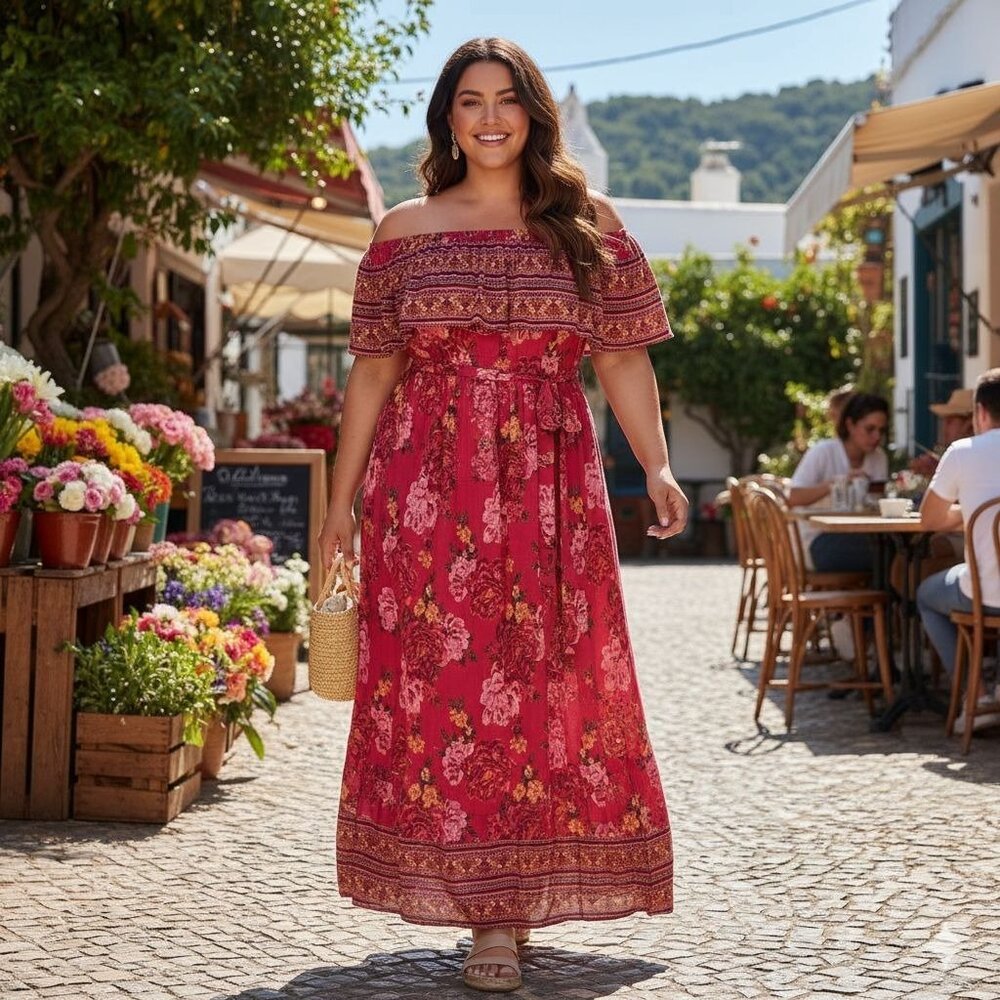 Margaux Riviera Womens Fuschia Floral Bohemian Off the Shoulder Maxi Dress 2X